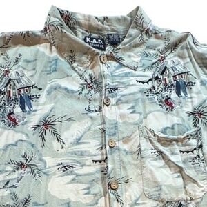 K.A.D. Clothing Co Hawaiian Shirt Mens 2X Tropical Rayon Short Sleeve Blue Beach
